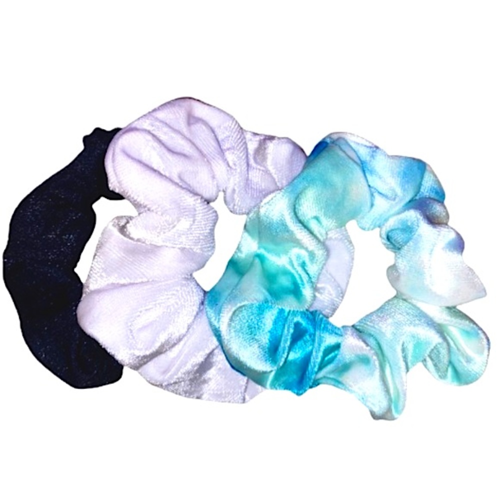 Justice Set of 3 Velour Scrunchies Colors White Black Glitter & Tie Dye